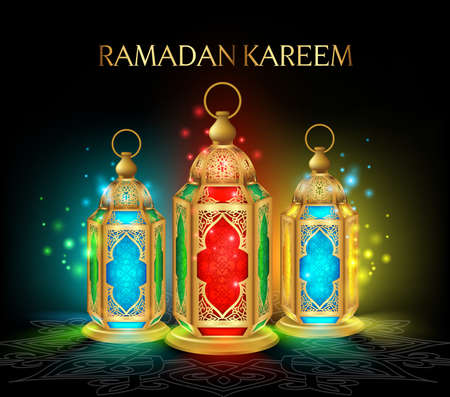 Beautiful Elegant Ramadan Kareem Lantern or Fanous in Gold With Colorful Lights in Night Background for the Holy Month Occasion of fasting. Editable Vector Illustrationのイラスト素材
