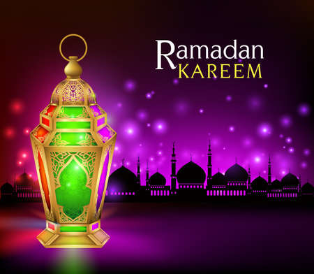 Beautiful Elegant Ramadan Kareem Lantern or Fanous in Gold With Colorful Lights in Silhouette Mosque Background for the Holy Month Occasion of fasting. Editable Vector Illustrationのイラスト素材
