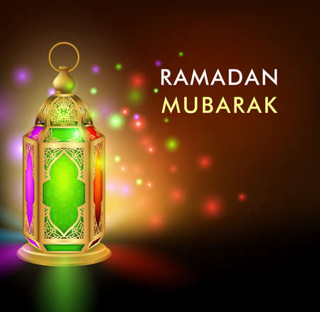 Realistic 3D Dimensional Elegant Ramadan Kareem Lantern or Fanous With Colorful Lights in Night Background for the Holy Month Occasion of fasting. Editable Vector Illustrationのイラスト素材