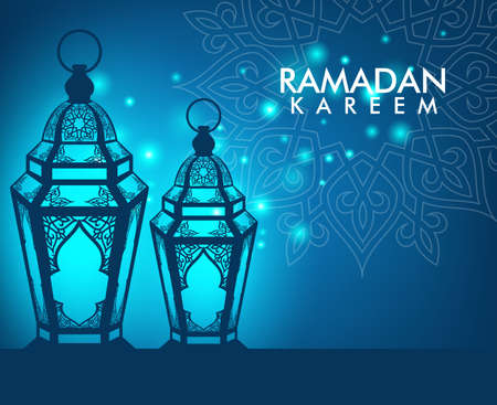 Beautiful Elegant Ramadan Kareem Lantern or Fanous With Pattern and Lights in Night Background for the Holy Month Occasion of fasting. Editable Vector Illustrationのイラスト素材