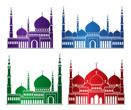 Set of Colorful Mosque or Masjid Elements Isolated for Islamic Celebrations Ramadan Kareem and Eid Mubarak Background. Editable Vector Illustration.のイラスト素材