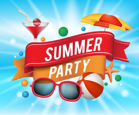 Summer Party Poster with Colorful Elements and a Text in a Ribbon with Blue Background. Vector Illustration