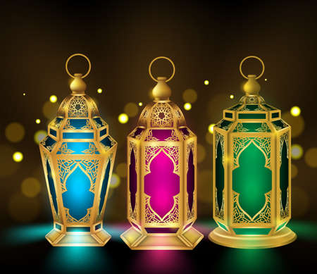Set of Elegant Ramadan Kareem Lantern or Fanous in Gold With Colorful Lights in Blurred Golden...