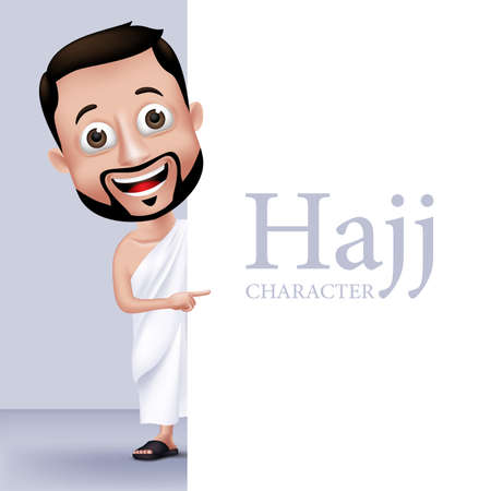 3D Realistic Muslim Man Character Wearing Ihram Clothes Performing Hajj or Umrah Holding White Space Background for Texts.のイラスト素材