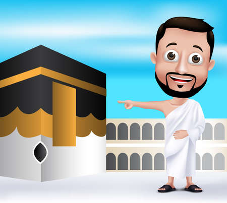 3D Realistic Muslim Man Character Wearing Ihram Clothes Performing Hajj or Umrah with Kaaba in Makkah Background. のイラスト素材
