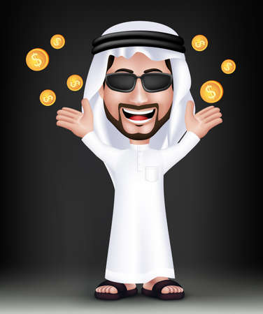 Realistic Smiling Handsome Saudi Arab Man Character in 3D with Thobe Dress and Sunglasses Standing Showing Gold Dollars Money Like he Won. Editable Vector Illustrationのイラスト素材