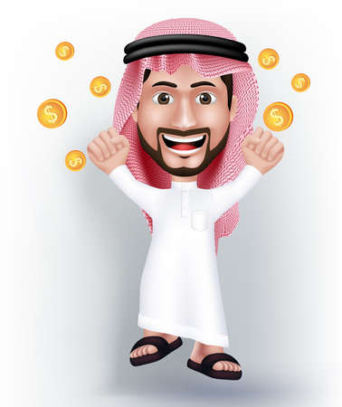 Realistic Smiling Handsome Saudi Arab Man Character in 3D with Thobe Dress Jumping for Joy with Gold Dollars Money Like he Won. Editable Vector Illustrationのイラスト素材