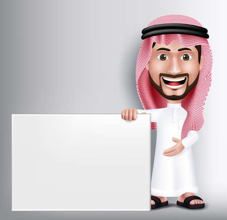 Realistic Smiling Handsome Saudi Arab Man Character in 3D Posing Gesture with Thobe Dress Holding White Blank Board for Text or Titles. Editable Vector Illustrationのイラスト素材