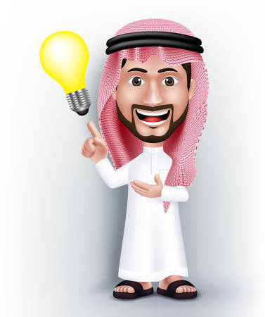 Realistic Smiling Handsome Saudi Arab Man Character in 3D Posing with Thobe Dress Pointing Hand in a Bulb Idea or Creativity. Editable Vector Illustrationのイラスト素材
