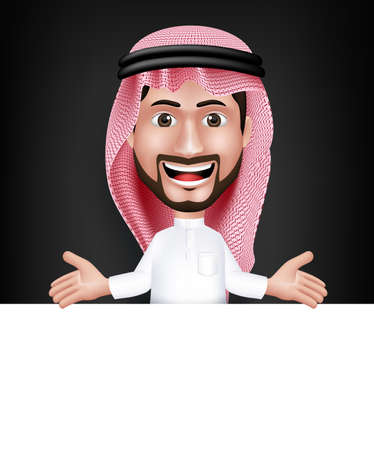 Realistic Smiling Handsome Saudi Arab Man Character in 3D Posing with Thobe Dress Talking Showing White Board for Text or Titles with Welcome Hand Gesture. Editable Vector Illustrationのイラスト素材