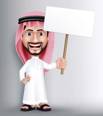 Realistic Smiling Handsome Saudi Arab Man Character in 3D Posing Gesture with Thobe Dress Holding White Blank Board for Text or Titles. Editable Vector Illustrationのイラスト素材