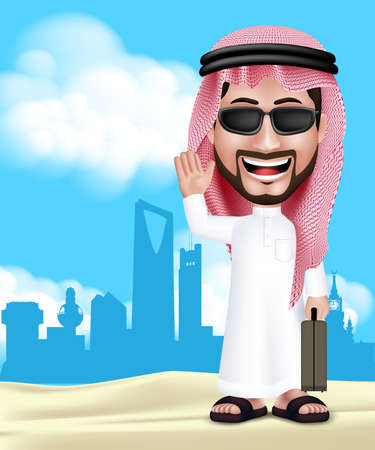 Realistic 3D Handsome Saudi Arab Man Wearing Thobe and Sunglasses Standing Happy With Traveling Bag in Middle East City With Hello Hand Gesture. Editable Vector Illustration.のイラスト素材