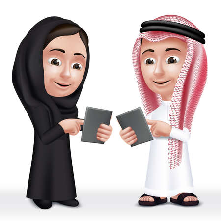 Realistic 3D Arab Kids Characters Boy and Girl Talking in Mobile Tablet About School Wearing Thobe and Abaya for Studies. のイラスト素材