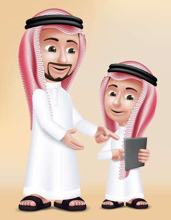 Realistic 3D Arab Teacher Man Character Teaching Boy Student in Mobile Tablet About School Wearing Thobe for Studies. のイラスト素材