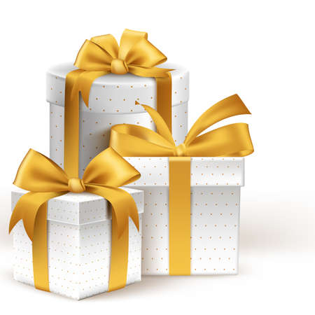 Realistic 3D White Gifts with Colorful Gold Ribbons Wrap with Dotted Pattern for Birthday or Christmas Celebration in White Background. Editable Vector Illustration.のイラスト素材