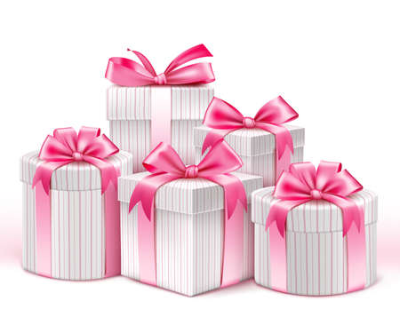Realistic 3D Collection of Colorful Pattern Gifts for Ladies with Pink Ribbon for Birthday Celebration Christmas Valentines Party Anniversary and Eid Mubarak. Vector Illustration.のイラスト素材