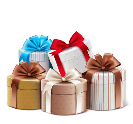 Realistic 3D Collection of Colorful Pattern Gift Box with Ribbonのイラスト素材