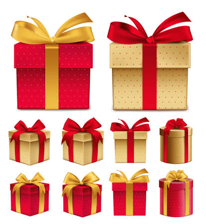 Realistic 3D Collection of Colorful Red Pattern Gift Box with Ribbonのイラスト素材