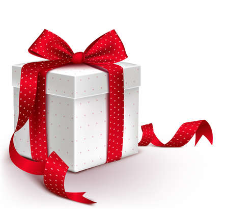 Realistic 3D Colorful Red Gift Box with Pattern and Satin Ribbon and Bow for Valentines Day Birthday Celebration Christmas Party and Anniversary. Isolated Vector Illustrationのイラスト素材
