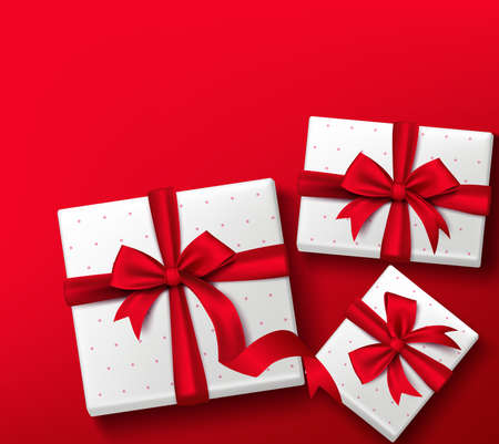 Realistic 3D Colorful Red Gift Box with Patterns and Silk Ribbon and Bow for Valentines Day Birthday Celebration Christmas Party and Anniversary. Isolated Vector Illustrationのイラスト素材
