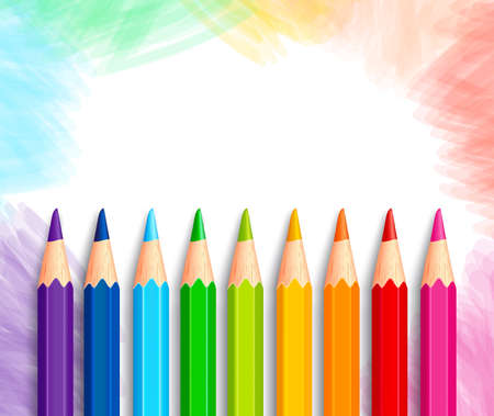 Set of Realistic 3D Colorful Colored Pencils or Crayons in a Brushed White Background with Texture for Back to School with White Space for Message. Vector Illustrationのイラスト素材