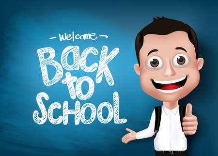 3D Realistic Genius Student with Backpack Happy Showing in Front of Blackboard With Back to School Text Written with Hand Gesture. Vector Illustrationのイラスト素材