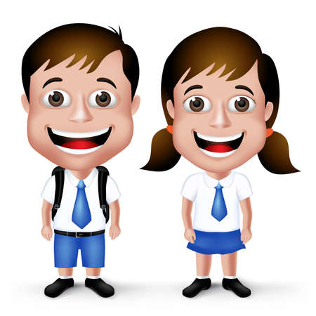 3D Realistic Cute School Boy and Girl Student Characters in School Uniform with Backpack and Happy Smile Isolated in White Background. のイラスト素材