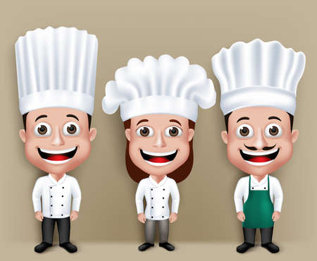 Set of Realistic 3D Chef Man and Woman Characters Happy Smiling in Culinary Dress Attire for Cooking. のイラスト素材