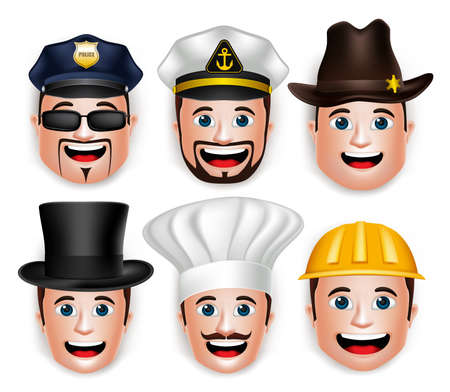 Set of 3D Realistic Professional Man Head with Different Occupational Hat for Avatar. Isolated in White Background Editable Vector Illustrationのイラスト素材