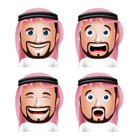 Set of 3D Realistic Saudi Arab Man Head with Different Facial Expressions Wearing Thobe Avatar Isolated in White Background. Editable Vector Illustrationのイラスト素材