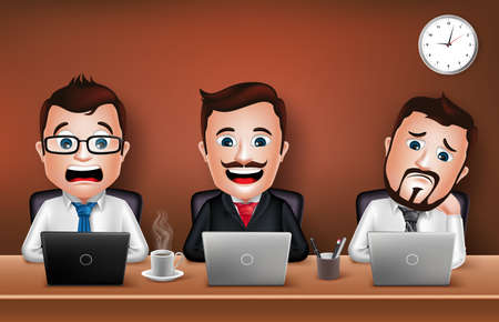 Set of Realistic 3D Businessman Character Working on Office Desk Table with Laptop. Vector Illustrationのイラスト素材