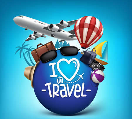 3D Realistic Travel and Tour Poster Design Around the World with Summer Elements. Vector Illustrationのイラスト素材