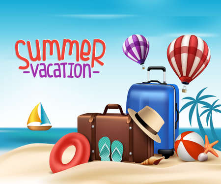 3D Realistic Summer Vacation Poster Design with Bags in Beach Sea Shore. Vector Illustrationのイラスト素材