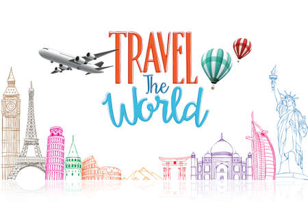 Travel The World Title Concept Design Background of Line Drawing of Famous Landmarks in White Background. Vector Illustrationのイラスト素材