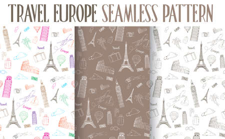 Set of Hand Drawn Travel Europe Seamless Pattern. Vector Illustrationのイラスト素材