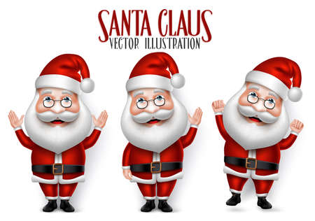 Set of 3D Realistic Santa Claus Cartoon Character for Christmas Saying Hello Isolated in White Background. Vector Illustrationのイラスト素材
