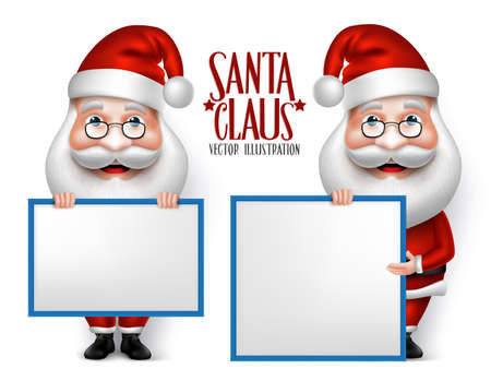 Set of 3D Realistic Santa Claus Cartoon Character for Christmas Holding Blank Board Isolated in White Background. Vector Illustrationのイラスト素材