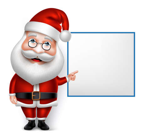 3D Realistic Santa Claus Cartoon Character for Christmas Holding Blank Board Isolated in White Background. Vector Illustrationのイラスト素材