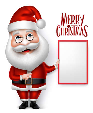 3D Realistic Santa Claus Cartoon Character Holding Blank Board Isolated in White Background with Merry Christmas Title. Vector Illustrationのイラスト素材