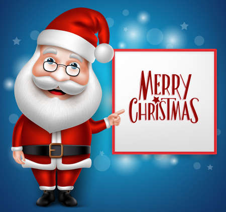 3D Realistic Santa Claus Cartoon Character Showing  Merry Christmas Written  in Blank Board with Blue Background. Vector Illustrationのイラスト素材