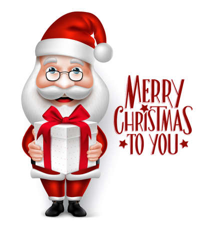 3D Realistic Santa Claus Cartoon Character Holding Christmas Gift Isolated in White Background with Title. Vector Illustrationのイラスト素材