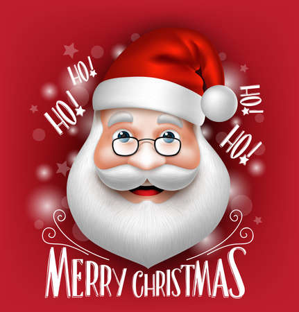 3D Realistic Santa Claus Head Greeting Merry Christmas in a Red Background. Detailed Vector Illustrationのイラスト素材