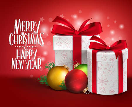 3D Realistic Red Gifts with Merry Christmas Greeting with Xmas Balls in a Glossy Background. Vector Illustrationのイラスト素材