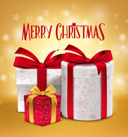 3D Realistic Red Gifts with Merry Christmas Greeting Celebration Design with Glossy Gold Background. Vector Illustrationのイラスト素材