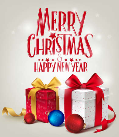 3D Realistic Red Gifts with Merry Christmas Greeting for Card or Poster Design with Glossy Background. Vector Illustrationのイラスト素材