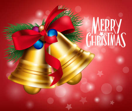 3D Realistic Merry Christmas Bells Hanging with Red Ribbon in Light background with Greetings. Vector Illustrationのイラスト素材
