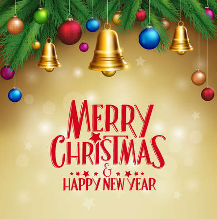 3D Realistic Merry Christmas Bells Hanging with Colorful balls in Light Background with Greetings. Vector Illustrationのイラスト素材