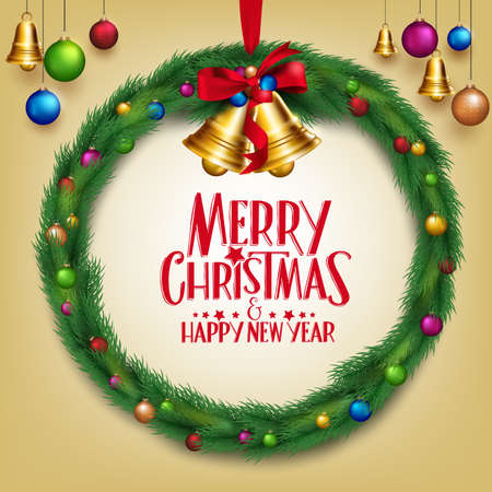 3D Realistic Merry Christmas Wreath Hanging with Colorful Bells and Balls in Light Background with Greetings. Vector Illustrationのイラスト素材