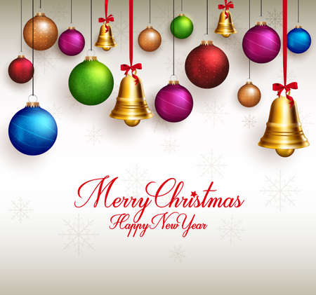 3D Realistic Merry Christmas Greetings with Hanging Colorful Bells and Balls in Snow Background. Vector Illustrationのイラスト素材
