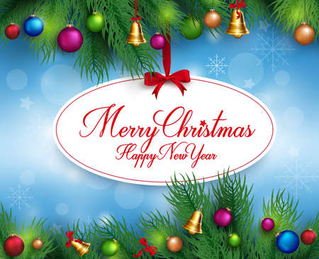 3D Realistic Merry Christmas Greetings Hanging with Pine Leaves and Balls in Snow Background. Vector Illustrationのイラスト素材